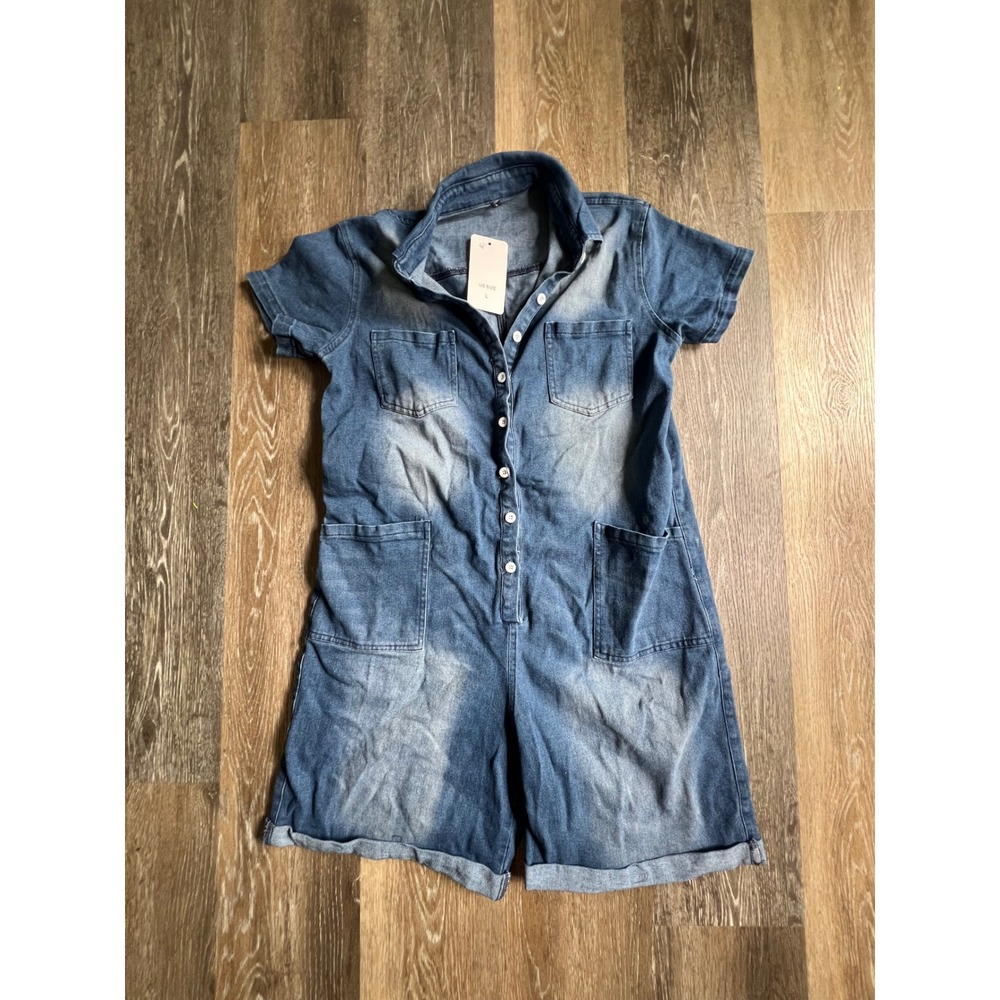 Unbranded Denim Romper Womens Size L Blue Faded Short Sleeve Button Up Utility
